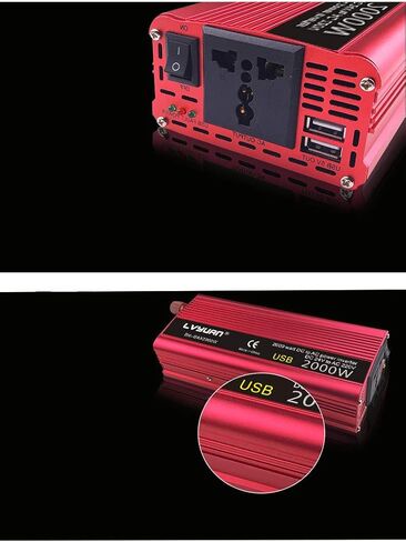 عاكس طاقة باور برايت 2000 وات 12 فولت، منافذ تيار متردد مزدوجة 110 فولت، موجة جيبية معدلة، مصدر طاقة احتياطي للسيارات مثالي لحالات الطوارئ أو الإعصار أو العاصفة أو الانقطاع، أحمر in Kuwait