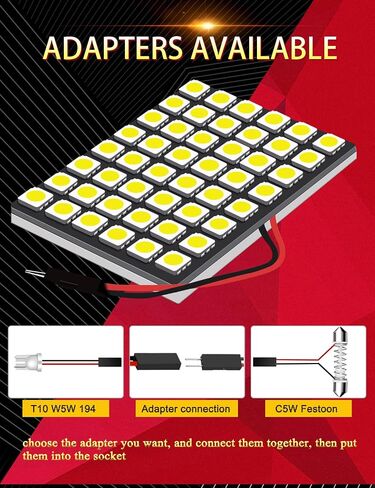 Panel Interior Dome LED Reading Lights For Car 5050 48SMD 6500K Cold White, DC 12V No Polarity Design With T10 / C5W Festoon Adapters (Pack of 4) in Saudi Arabia