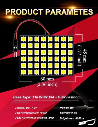 Panel Interior Dome LED Reading Lights For Car 5050 48SMD 6500K Cold White, DC 12V No Polarity Design With T10 / C5W Festoon Adapters (Pack of 4) in Saudi Arabia