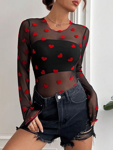 Floerns Women's Heart See Through Long Sleeve Sheer Mesh T Shirts Bodysuit Jumpsuit in Saudi Arabia