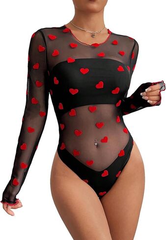 Floerns Women's Heart See Through Long Sleeve Sheer Mesh T Shirts Bodysuit Jumpsuit in Saudi Arabia