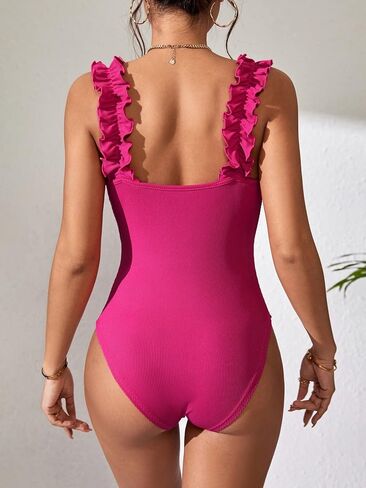 Milumia Women's Casual Rib Knit Frill Trim Cami Tank Top Sleeveless One Piece Bodysuit in Saudi Arabia