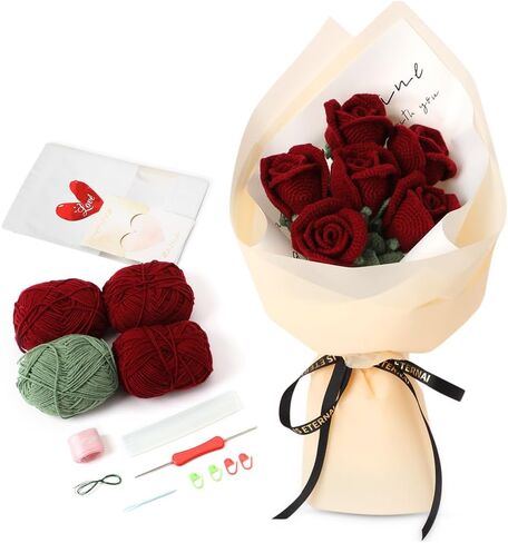 مجموعة MindTone Crochet للمبتدئين - مجموعات المبتدئين من الكروشيه الزهرية، أفضل هدايا عيد الأم من الورود للأمهات - مجموعة الحياكة اليدوية مع دروس فيديو خطوة بخطوة in Kuwait
