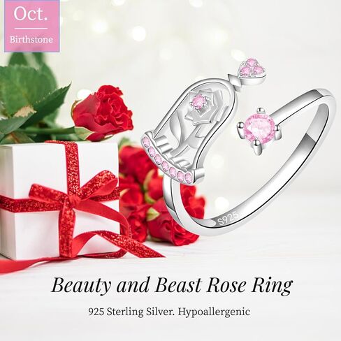 Beauty and the Beast Rose Ring Birthstone Rings for Women - 925 Sterling Silver Adjustable Rose Rings Jewelry Gifts for Women in Saudi Arabia