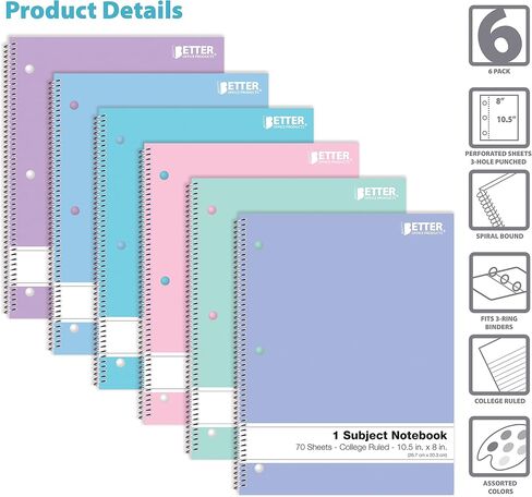 دفاتر ملاحظات حلزونية من Better Office Products، 6 عبوات، موضوع واحد، 70 ورقة، 10.5 × 8 بوصة، 6 ألوان باستيل متنوعة (قواعد الكلية) in Saudi Arabia