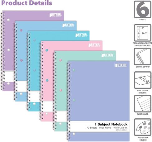 دفاتر ملاحظات حلزونية من Better Office Products، 6 عبوات، موضوع واحد، 70 ورقة، 10.5 × 8 بوصة، 6 ألوان باستيل متنوعة (قواعد الكلية) in Saudi Arabia