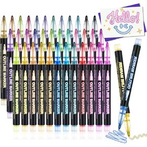 24 Colors Outline Glitter Markers Self Outline Pens Metallic Marker Shimmer Outline Pen Metallic Glitter Gel Pens for Coloring, Outline Shimmer Markers Gift Kids Arts Crafts Scrapbook Drawing in Kuwait