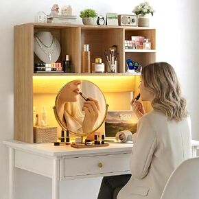 DreamDashio Desktop Bookshelf Organizer with Outlet & RGB Light, 2-Tier Multipurpose Wood Desk Hutch for Gaming, Home Office, Dorm, Oak White in Kuwait