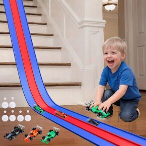3-Lane Flexible Race Track for Kids with Suction Cups, Race Car Ramp Track & 15ft Race Car Track Compatible 1:64 Diecast Cars,Portable Roll Up Track Toy,Gift Race Track for Kids 3+ (Blue Red) in Kuwait