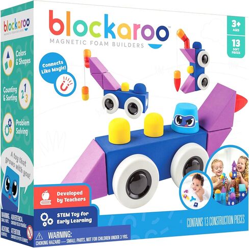 مكعبات بناء إسفنجية مغناطيسية من Blockaroo - 13 قطعة رودستر، ألعاب حمام للأطفال الصغار، ألعاب ما قبل المدرسة، ألعاب حوض الاستحمام، ألعاب حسية، كتل للأطفال الصغار 3-5، ألعاب هندسية للأطفال 3-5، كتل حمام in Kuwait