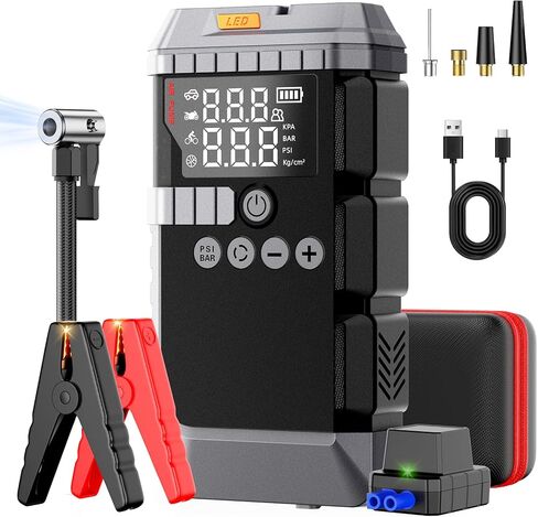 Portable Car Battery Jump Starter with Air Compressor, 6000A Car Battery Booster (All Gas/12L Diesel) with 45W Fast Charge, 160PSI Auto-Shut Off Tire Inflator,LED Light, Jumper Cables,Golves in Kuwait