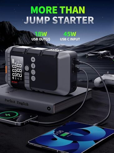 Portable Car Battery Jump Starter with Air Compressor, 6000A Car Battery Booster (All Gas/12L Diesel) with 45W Fast Charge, 160PSI Auto-Shut Off Tire Inflator,LED Light, Jumper Cables,Golves in Kuwait