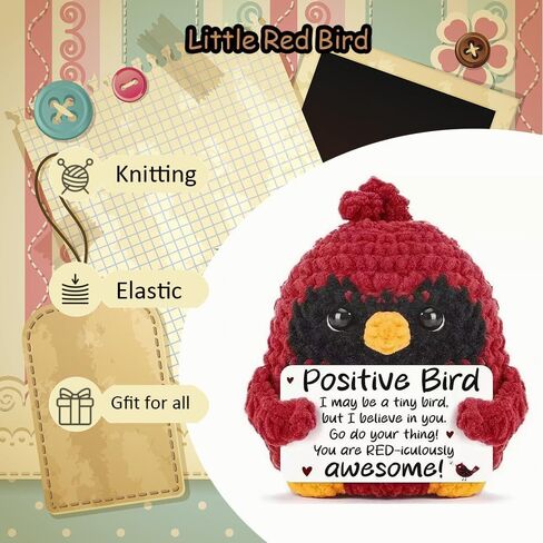 Red Cardinal Doll - Positive Bird Encouragement Stuffed Decor with Inspirational Quote Card, Cute Knitted Red Bird Decor for Home/Desk, Unique Gift for Friends/Family in Kuwait