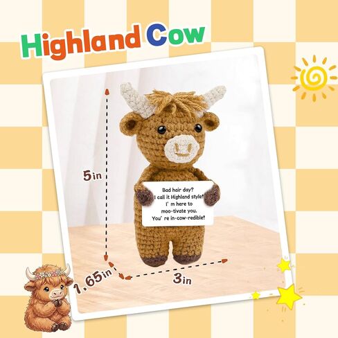 Hoedia Positive Crochet Highland Cow with Inspirational Card, Emotional Stuffed Animal Self Care Gift, Get Well Birthday Gifts for Women Men Friends Coworkers in Kuwait