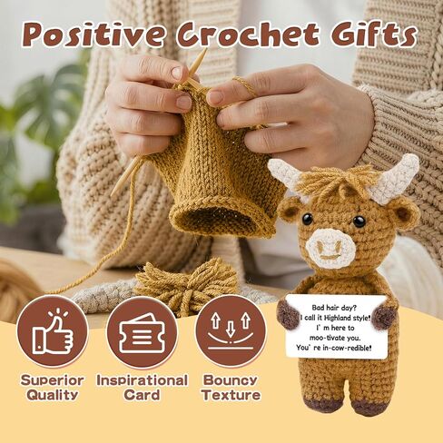 Hoedia Positive Crochet Highland Cow with Inspirational Card, Emotional Stuffed Animal Self Care Gift, Get Well Birthday Gifts for Women Men Friends Coworkers in Kuwait