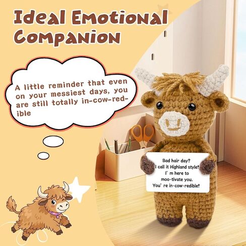 Hoedia Positive Crochet Highland Cow with Inspirational Card, Emotional Stuffed Animal Self Care Gift, Get Well Birthday Gifts for Women Men Friends Coworkers in Kuwait