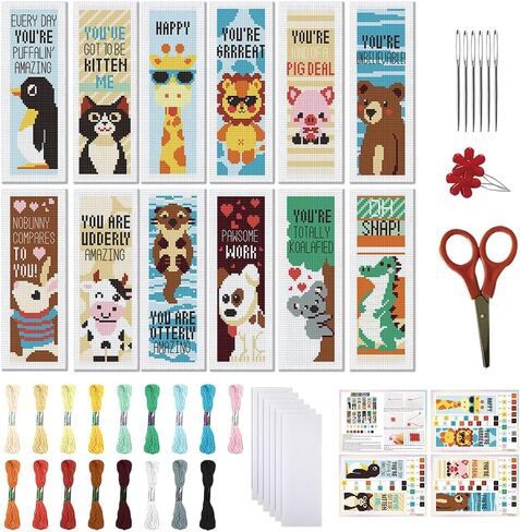FREEBLOSS 12 Set Cross Stitch Bookmark Kit 11CT DIY Cross Stitch Kits Animal Stamped Embroidery Kit with Instructions Bookmark Making Set for Adult Beginners 11CT 8x2.4inch in Kuwait