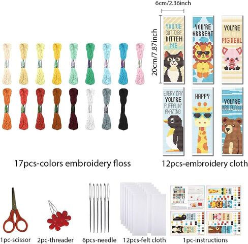 FREEBLOSS 12 Set Cross Stitch Bookmark Kit 11CT DIY Cross Stitch Kits Animal Stamped Embroidery Kit with Instructions Bookmark Making Set for Adult Beginners 11CT 8x2.4inch in Kuwait
