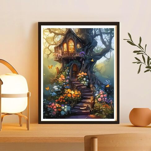 Enchanted Treehouse Cross Stitch Kit - 15.7" x 19.7"(40x50cm), Vibrant Garden & Cottage Design, DIY Embroidery Kit with Threads, Fabric & Guide, Fairy Tale Decor Gift in Kuwait