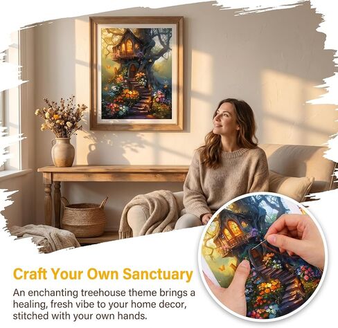 Enchanted Treehouse Cross Stitch Kit - 15.7" x 19.7"(40x50cm), Vibrant Garden & Cottage Design, DIY Embroidery Kit with Threads, Fabric & Guide, Fairy Tale Decor Gift in Kuwait