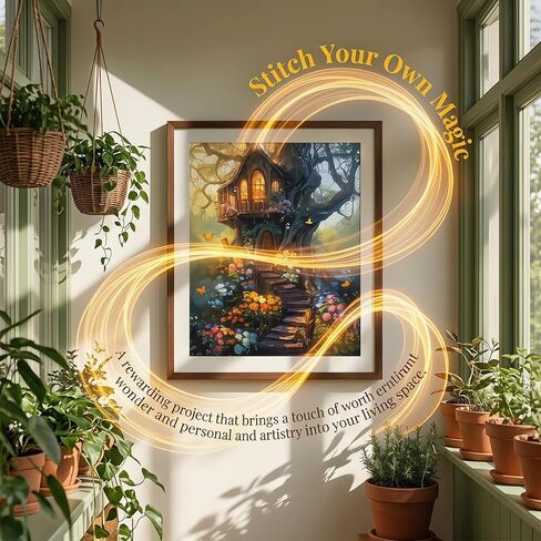Enchanted Treehouse Cross Stitch Kit - 15.7" x 19.7"(40x50cm), Vibrant Garden & Cottage Design, DIY Embroidery Kit with Threads, Fabric & Guide, Fairy Tale Decor Gift in Kuwait