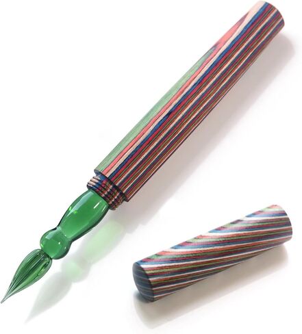 SeventyTwo Handmade Glass Dip Pen with Colorwood Handle, Borosilicate Emerald Glass Nib, Calligraphy Writing Set, Vintage Style (Emerald) in Kuwait