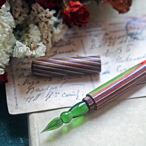 SeventyTwo Handmade Glass Dip Pen with Colorwood Handle, Borosilicate Emerald Glass Nib, Calligraphy Writing Set, Vintage Style (Emerald) in Kuwait