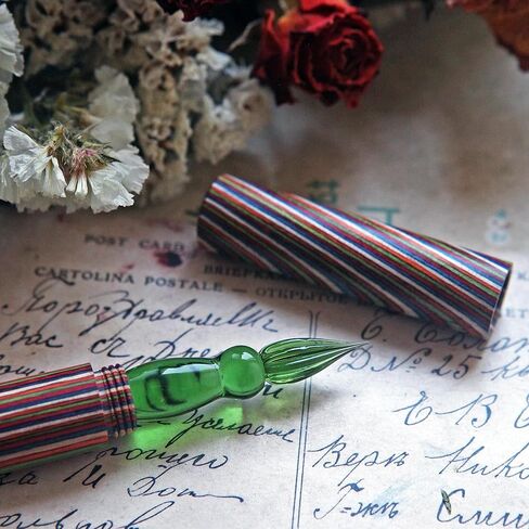 SeventyTwo Handmade Glass Dip Pen with Colorwood Handle, Borosilicate Emerald Glass Nib, Calligraphy Writing Set, Vintage Style (Emerald) in Kuwait
