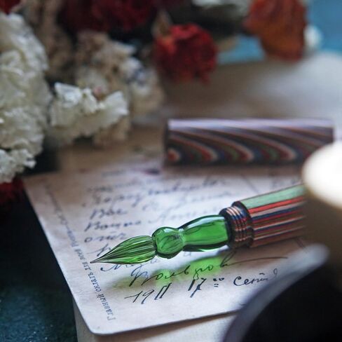 SeventyTwo Handmade Glass Dip Pen with Colorwood Handle, Borosilicate Emerald Glass Nib, Calligraphy Writing Set, Vintage Style (Emerald) in Kuwait