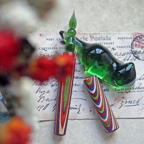 SeventyTwo Handmade Glass Dip Pen with Colorwood Handle, Borosilicate Emerald Glass Nib, Calligraphy Writing Set, Vintage Style (Emerald) in Kuwait