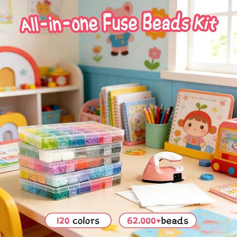 Fuse Beads Kit-120 Colors 62000 2.6mm-Easy DIY, Built-in Iron | DIY Crafts Supplies for Women, Great Supplies for Fuse Beads Artist, Art Decorations for Room, Ideal Gift,Pixel Art in Kuwait