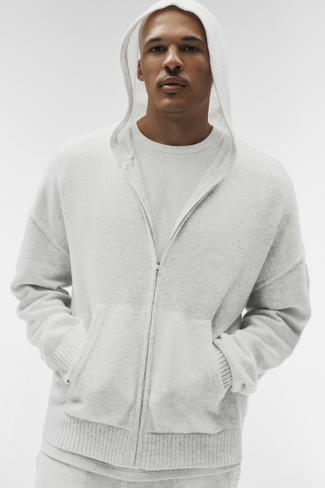 هودي Alo Yoga Wool Cashmere New Class بسحاب كامل - أبيض هيذر in Kuwait