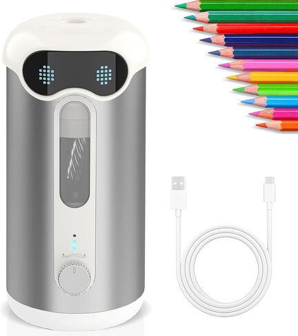 VUSIGN Automatic Pencil Sharpener, Quiet 60dB Robot Pencil Sharpener with DIY Face Stickers, Rechargeable, Auto Stop for 6.9–10.8mm No.2/Colored Pencils, Kids Classroom/Home Use (Silver) in Kuwait