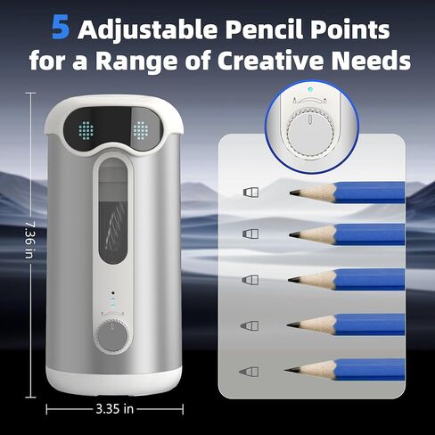 VUSIGN Automatic Pencil Sharpener, Quiet 60dB Robot Pencil Sharpener with DIY Face Stickers, Rechargeable, Auto Stop for 6.9–10.8mm No.2/Colored Pencils, Kids Classroom/Home Use (Silver) in Kuwait