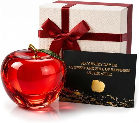 Crystal Apple Paperweight – Ultra Clear Glass Apple with Gold Stem & Leaf, Elegant Desk Decor, Teacher Thank You Gift (Red) in Saudi Arabia