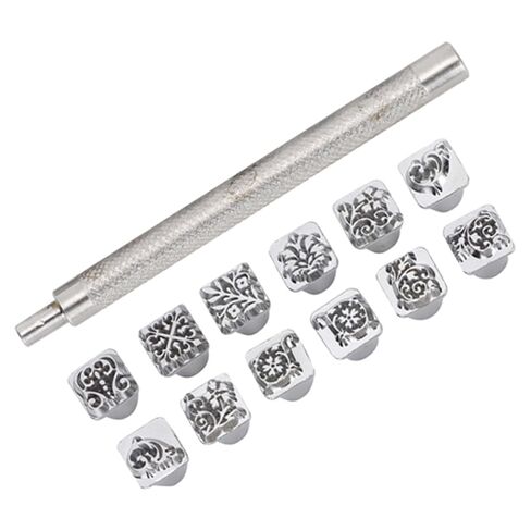 Leather Stamping Punch Tool Set, 12 Piece Tang Dynasty Flower Design, Zinc Alloy, with Handle, for Leather Crafting in Kuwait