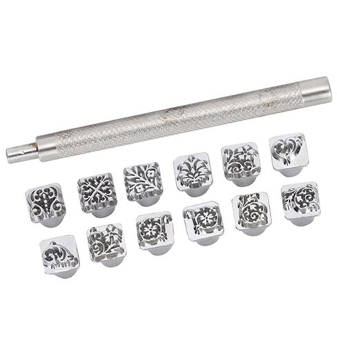 Leather Stamping Punch Tool Set, 12 Piece Tang Dynasty Flower Design, Zinc Alloy, with Handle, for Leather Crafting in Kuwait