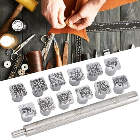 Leather Stamping Punch Tool Set, 12 Piece Tang Dynasty Flower Design, Zinc Alloy, with Handle, for Leather Crafting in Kuwait