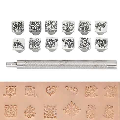 Leather Stamping Punch Tool Set, 12 Piece Tang Dynasty Flower Design, Zinc Alloy, with Handle, for Leather Crafting in Kuwait