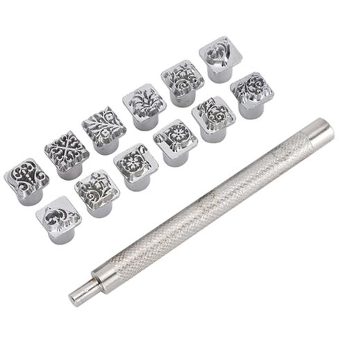 Leather Stamping Punch Tool Set, 12 Piece Tang Dynasty Flower Design, Zinc Alloy, with Handle, for Leather Crafting in Kuwait