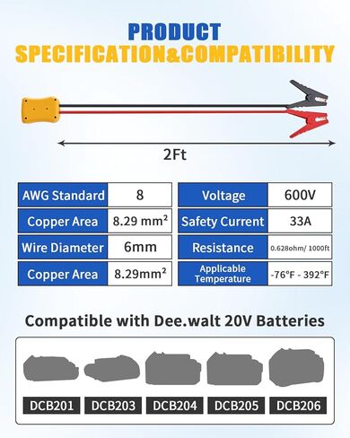 كابلات توصيل مع محول متوافق مع بطاريات Dee.Walt 20V، كابل معزز للسيارات من السيليكون بطول 2FT 8AWG لبدء تشغيل البطارية، مقاومة عالية لدرجة الحرارة 392 درجة فهرنهايت لبدء تشغيل السيارة باستخدام الأداة in Kuwait