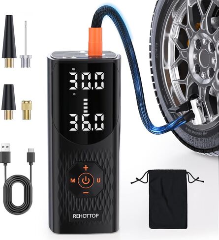 REHOTTOP Tire Inflator Portable Air Compressor, 160 PSI Cordless Air Pump for Car Tires with Digital Pressure Gauge, LED Light & Auto Shut-Off, 5X Fast Inflation for Car, Motorcycle, Bicycle, Ball in Kuwait