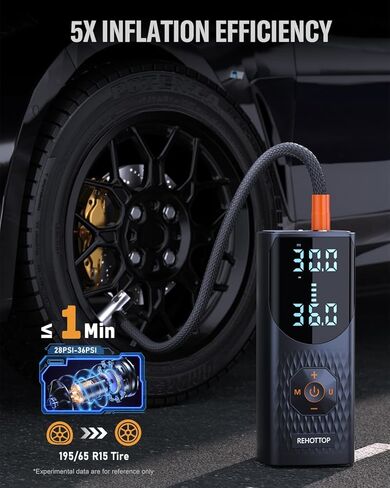 REHOTTOP Tire Inflator Portable Air Compressor, 160 PSI Cordless Air Pump for Car Tires with Digital Pressure Gauge, LED Light & Auto Shut-Off, 5X Fast Inflation for Car, Motorcycle, Bicycle, Ball in Kuwait