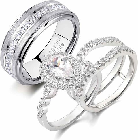 Newshe Jewellery Wedding Ring Sets for Him and Her AAAAA Cz Promise Rings for Couples Women Mens Band Pear Shape Size 5-13 in Kuwait