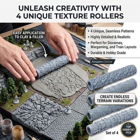 Warmtree 4 Pcs Terrain Texture Roller Set Polymer Clay Texture Roller for DIY Modeling Scenic Terrain Wall Road Model Miniatures Landscape in Kuwait