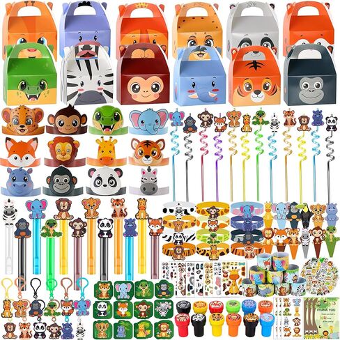 All-in-One - 256 Pcs Wild One Jungle Safari Birthday Party Decorations - Zoo Animal First Birthday Supplies Kit - Includes Favor Boxes, Bubble Wands, Straws, Party Hats, Stickers & Cake Toppers etc in Kuwait