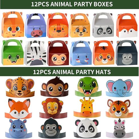 All-in-One - 256 Pcs Wild One Jungle Safari Birthday Party Decorations - Zoo Animal First Birthday Supplies Kit - Includes Favor Boxes, Bubble Wands, Straws, Party Hats, Stickers & Cake Toppers etc in Kuwait
