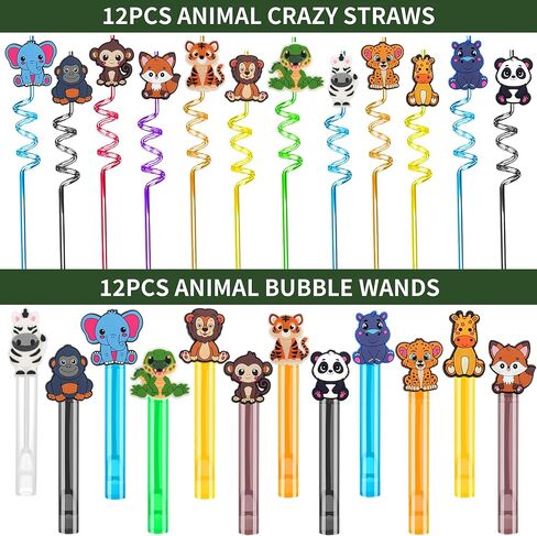 All-in-One - 256 Pcs Wild One Jungle Safari Birthday Party Decorations - Zoo Animal First Birthday Supplies Kit - Includes Favor Boxes, Bubble Wands, Straws, Party Hats, Stickers & Cake Toppers etc in Kuwait