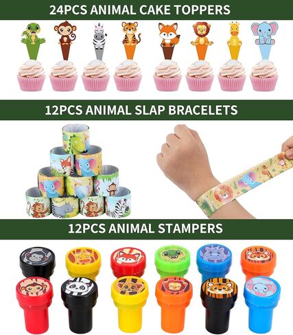 All-in-One - 256 Pcs Wild One Jungle Safari Birthday Party Decorations - Zoo Animal First Birthday Supplies Kit - Includes Favor Boxes, Bubble Wands, Straws, Party Hats, Stickers & Cake Toppers etc in Kuwait