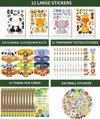 All-in-One - 256 Pcs Wild One Jungle Safari Birthday Party Decorations - Zoo Animal First Birthday Supplies Kit - Includes Favor Boxes, Bubble Wands, Straws, Party Hats, Stickers & Cake Toppers etc in Kuwait